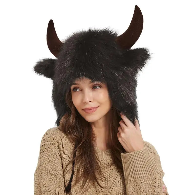 Bison Earflap Hat with Horns